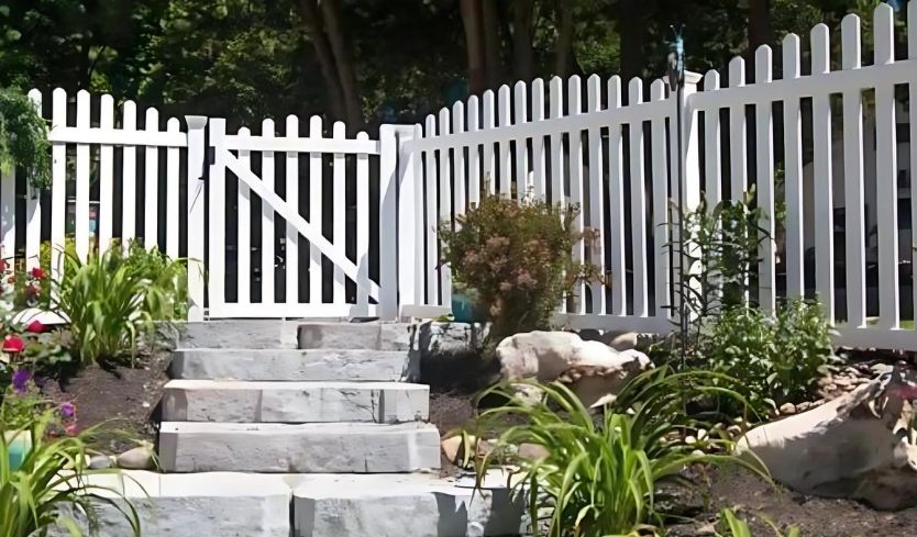 white modern fences and gate with stone walkway