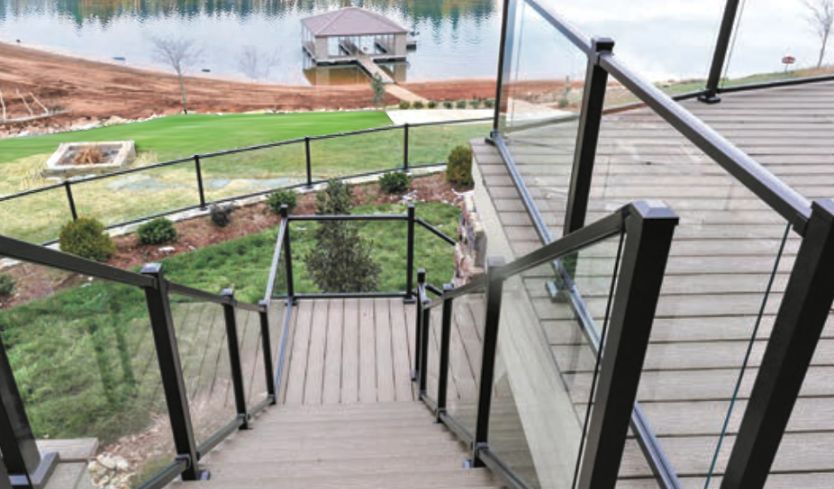 Glass railing for deck overlooking lake